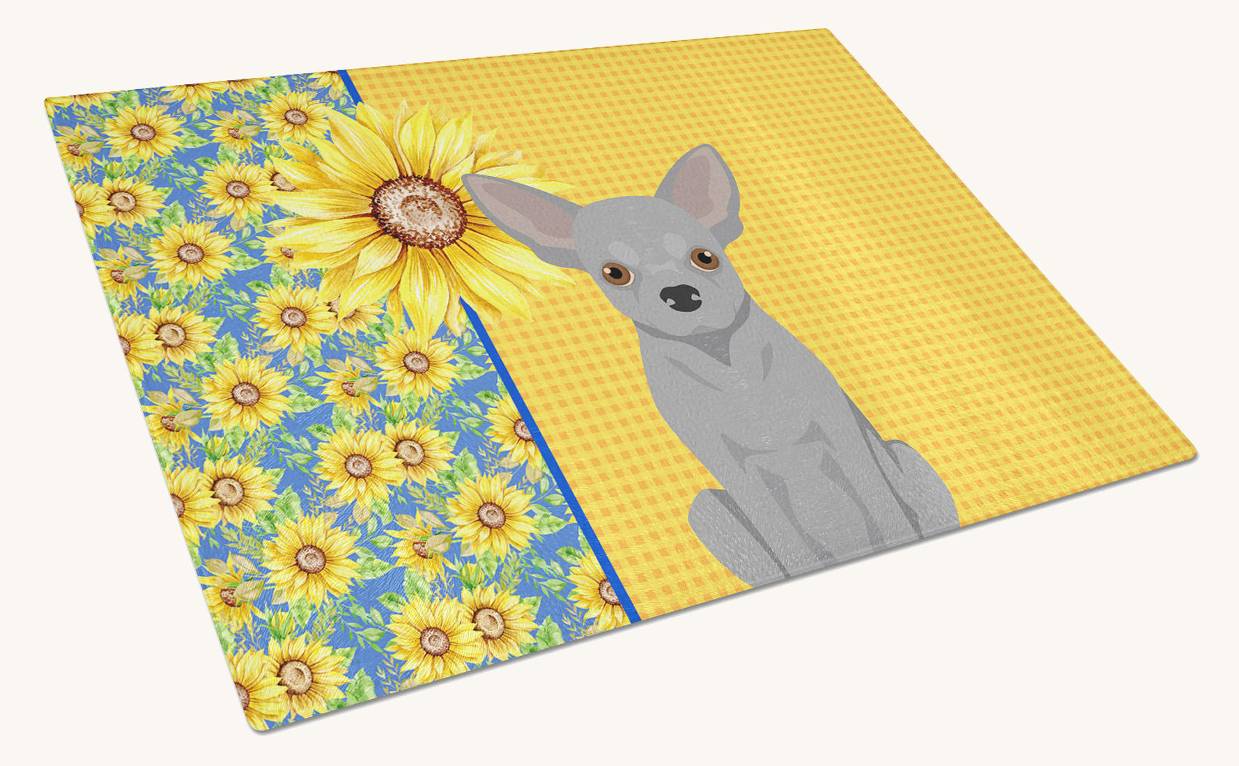 Hand-illustrated Summer Sunflowers Silver Chihuahua Cutting Board