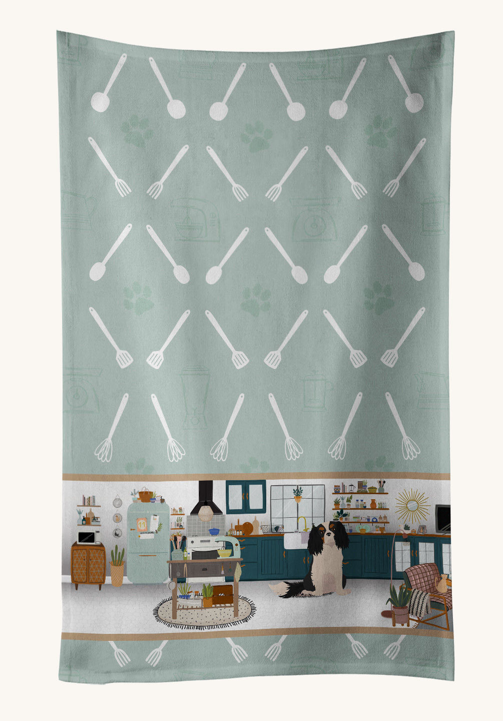 Hand-illustrated Tricolor Cavalier Spaniel In The Kitchen Towel