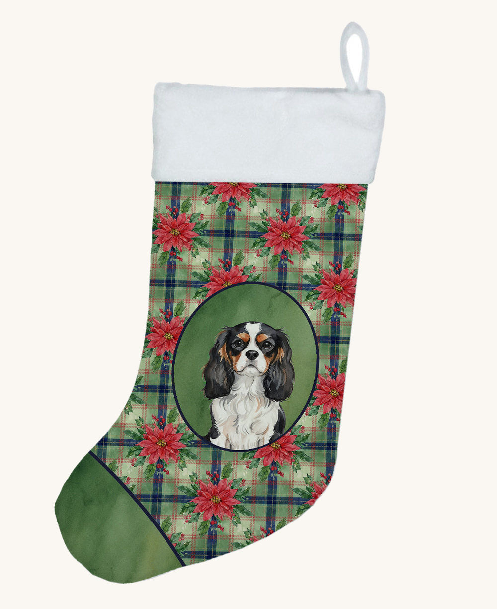 Hand-illustrated Tricolor Cavalier Spaniel Poinsettia Christmas Stocking
