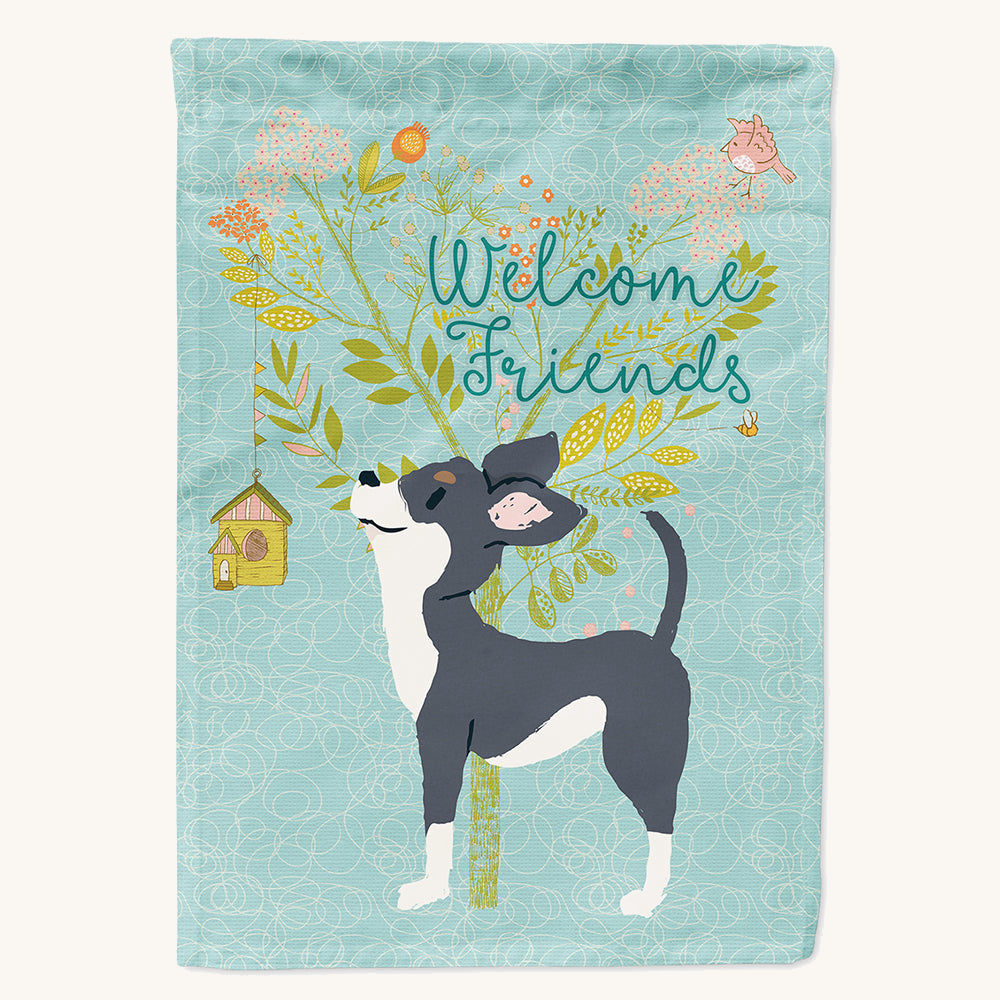 Hand-illustrated Welcome Friends Black and White Chihuahua House Flag