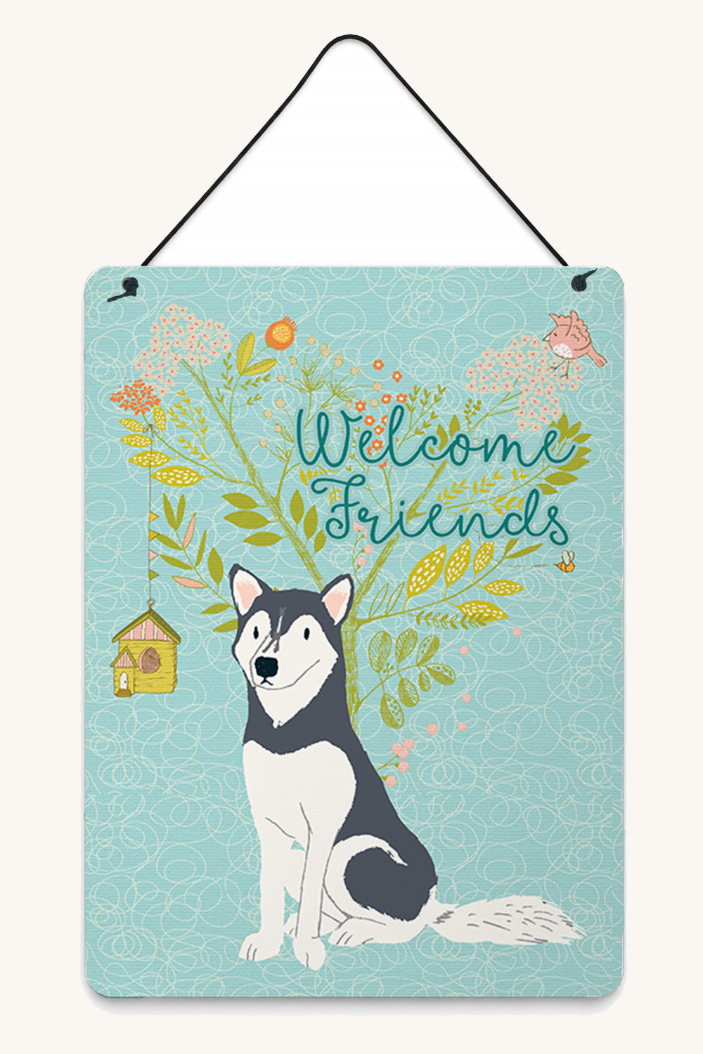Hand-illustrated Welcome Friends Siberian Husky Aluminum Sign