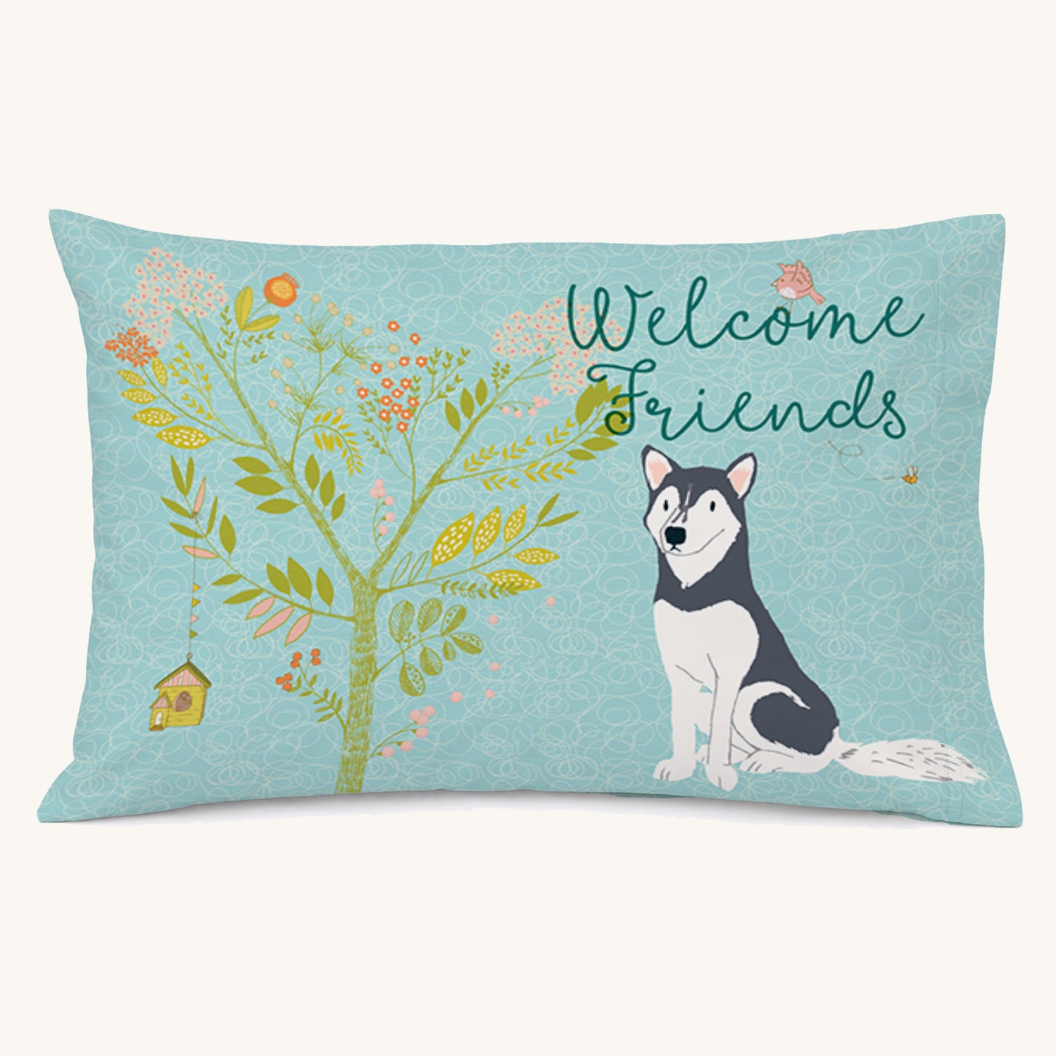 Hand-illustrated Welcome Friends Siberian Husky Pillowcase