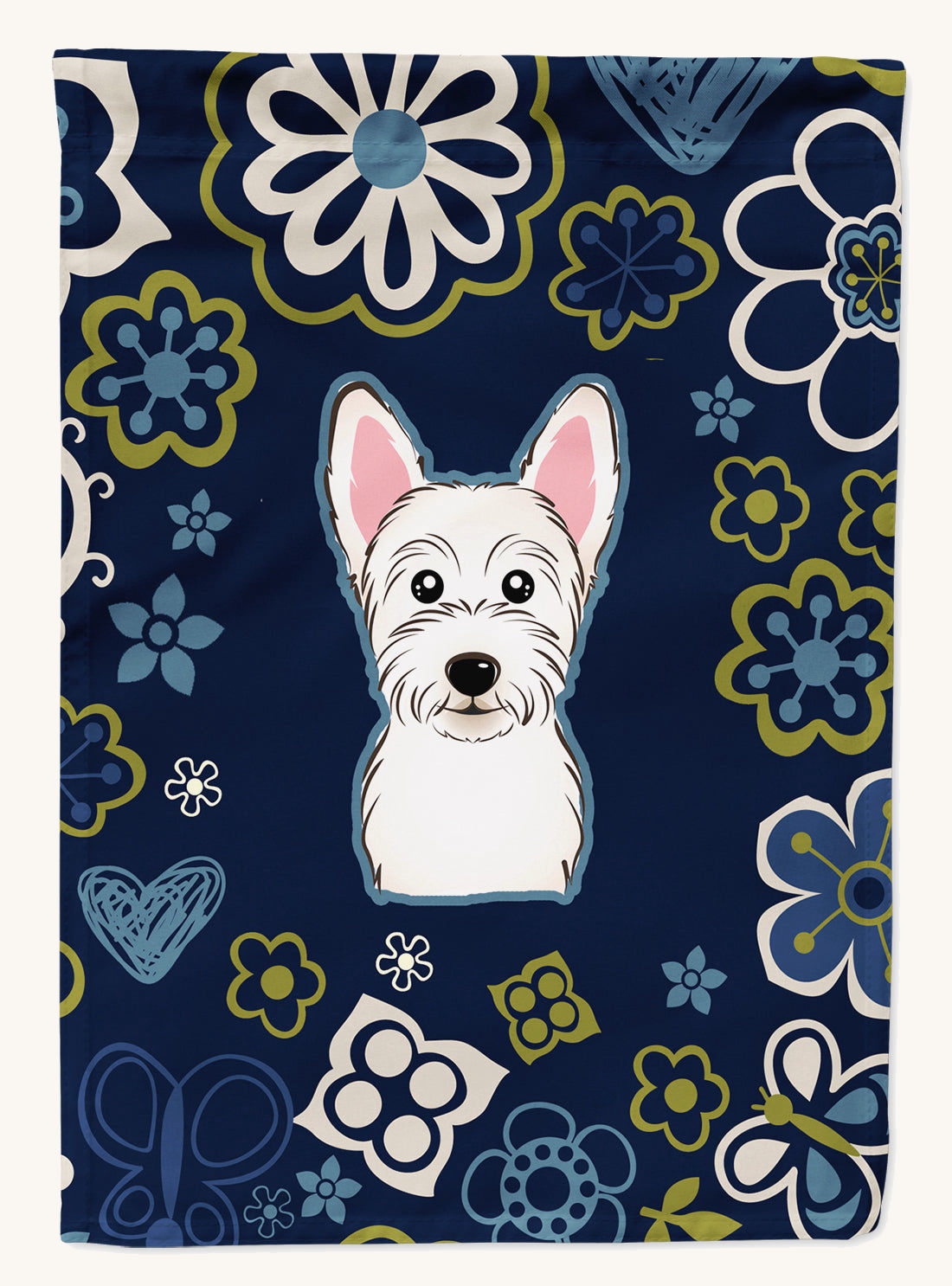 Hand-illustrated Westie Blue Flowers Garden Flag
