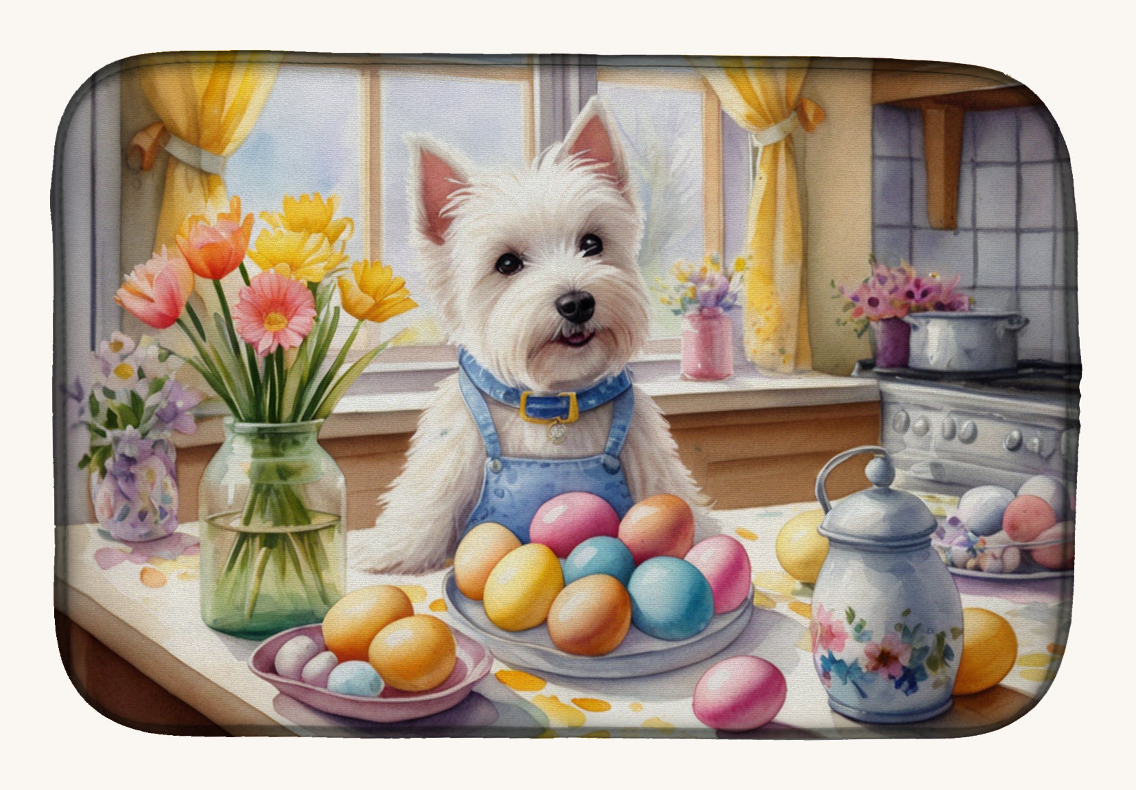 Hand-illustrated Westie Easter Dish Drying Mat