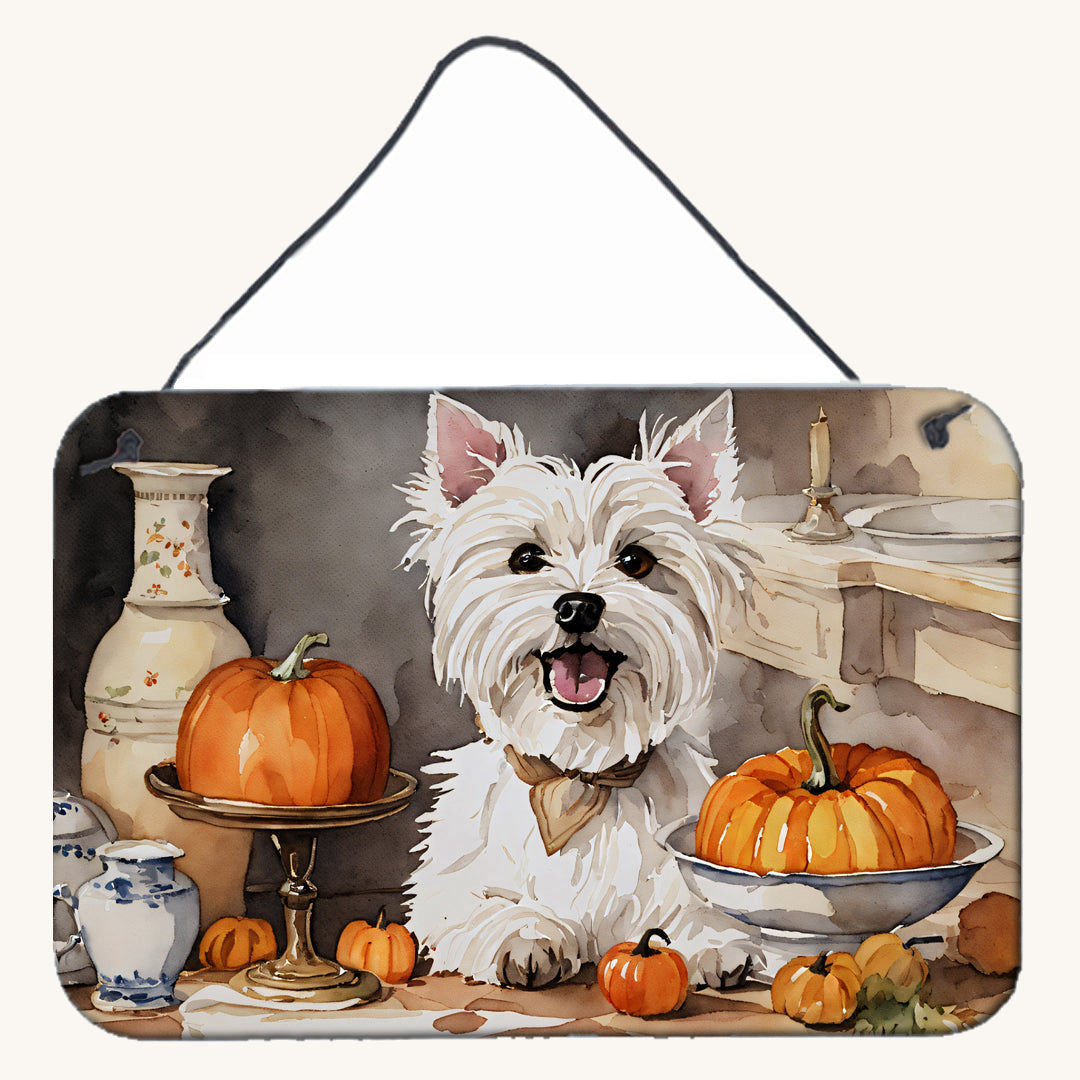 Hand-illustrated Westie Fall Pumpkins Aluminum Sign