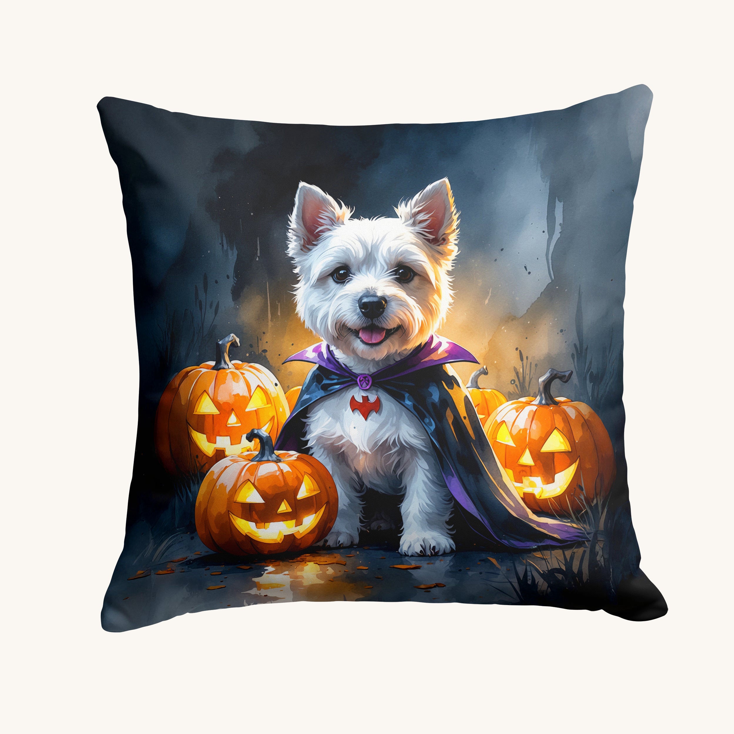 Hand-illustrated Westie Vampire Puppy Halloween Throw Pillow