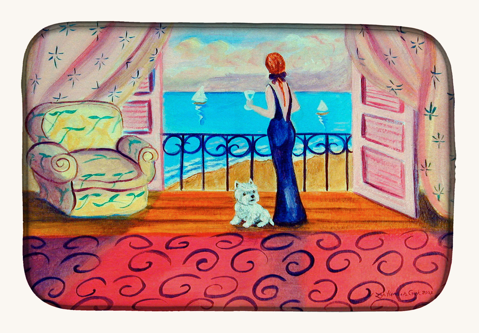 Hand-illustrated Westie with Mom Dish Drying Mat