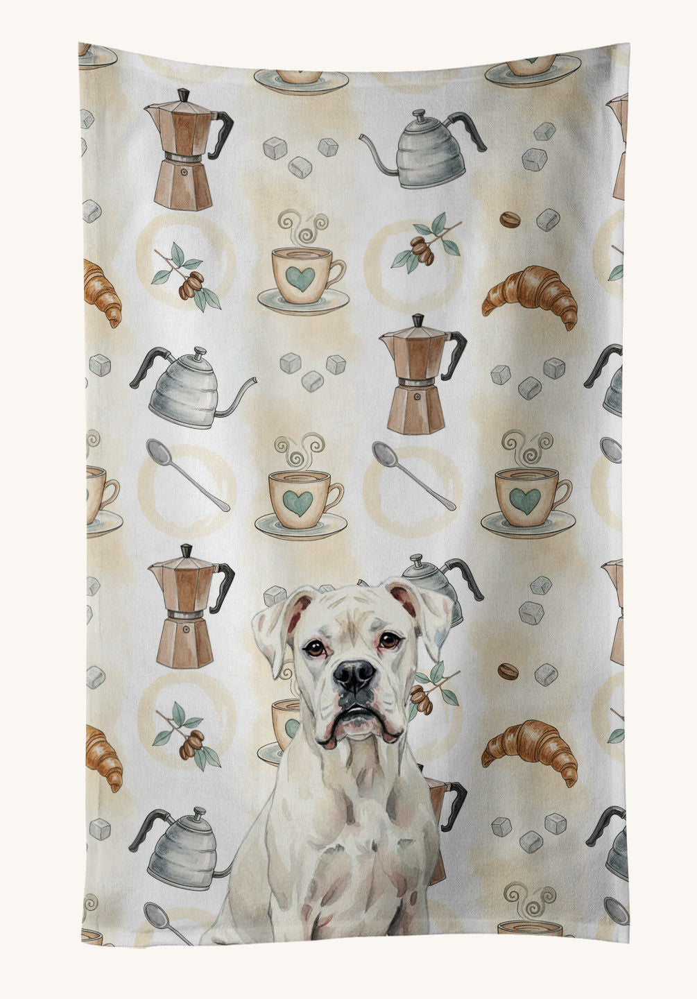 Hand-illustrated White Boxer Coffee Bar Kitchen Towel