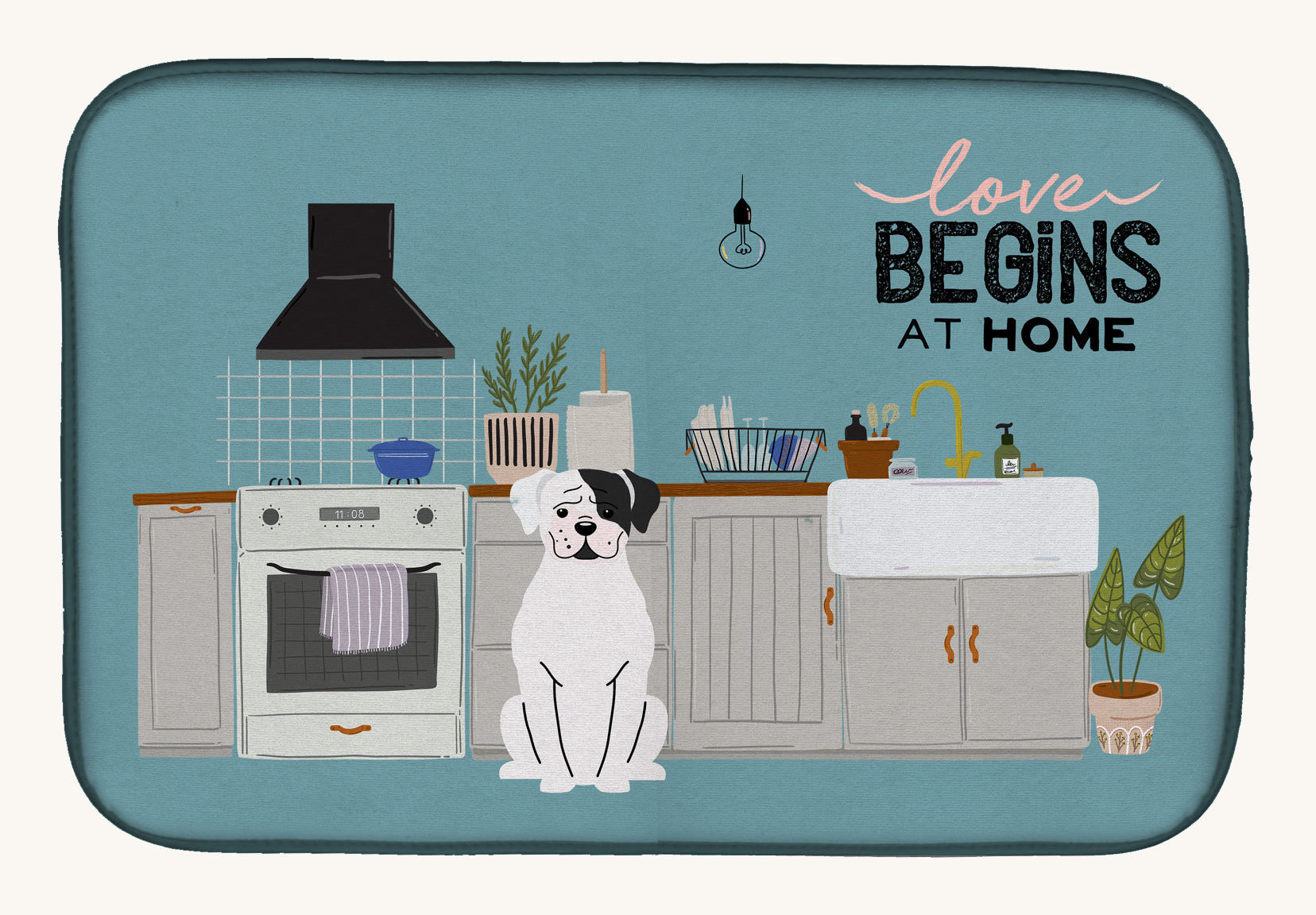 Hand-illustrated White Boxer Kitchen Scene Dish Drying Mat