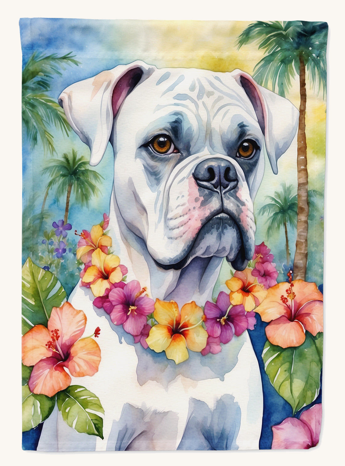 Hand-illustrated White Boxer Luau Garden Flag