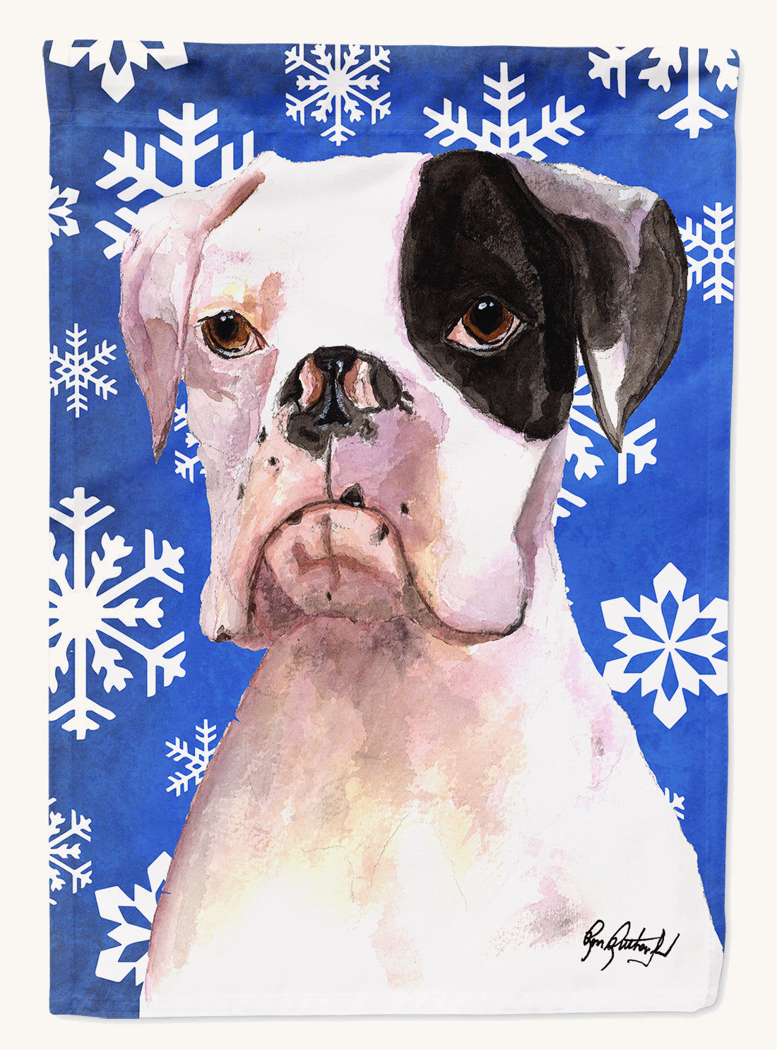 Hand-illustrated White Boxer Winter Snowflakes Garden Flag