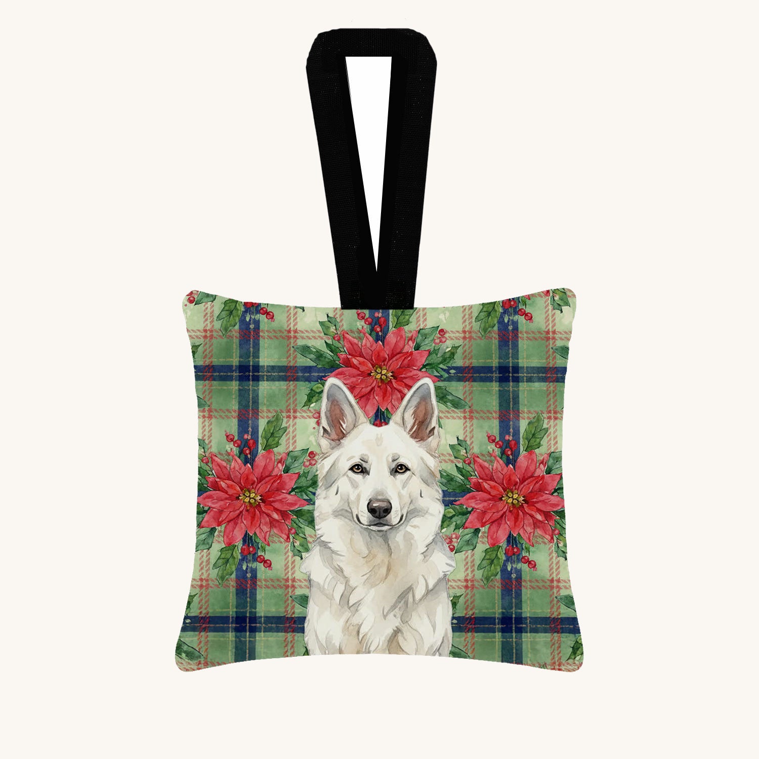 Hand-illustrated White German Shepherd Christmas Poinsettias Ornament