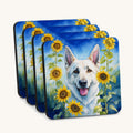 Hand-illustrated White German Shepherd in Sunflowers Coasters