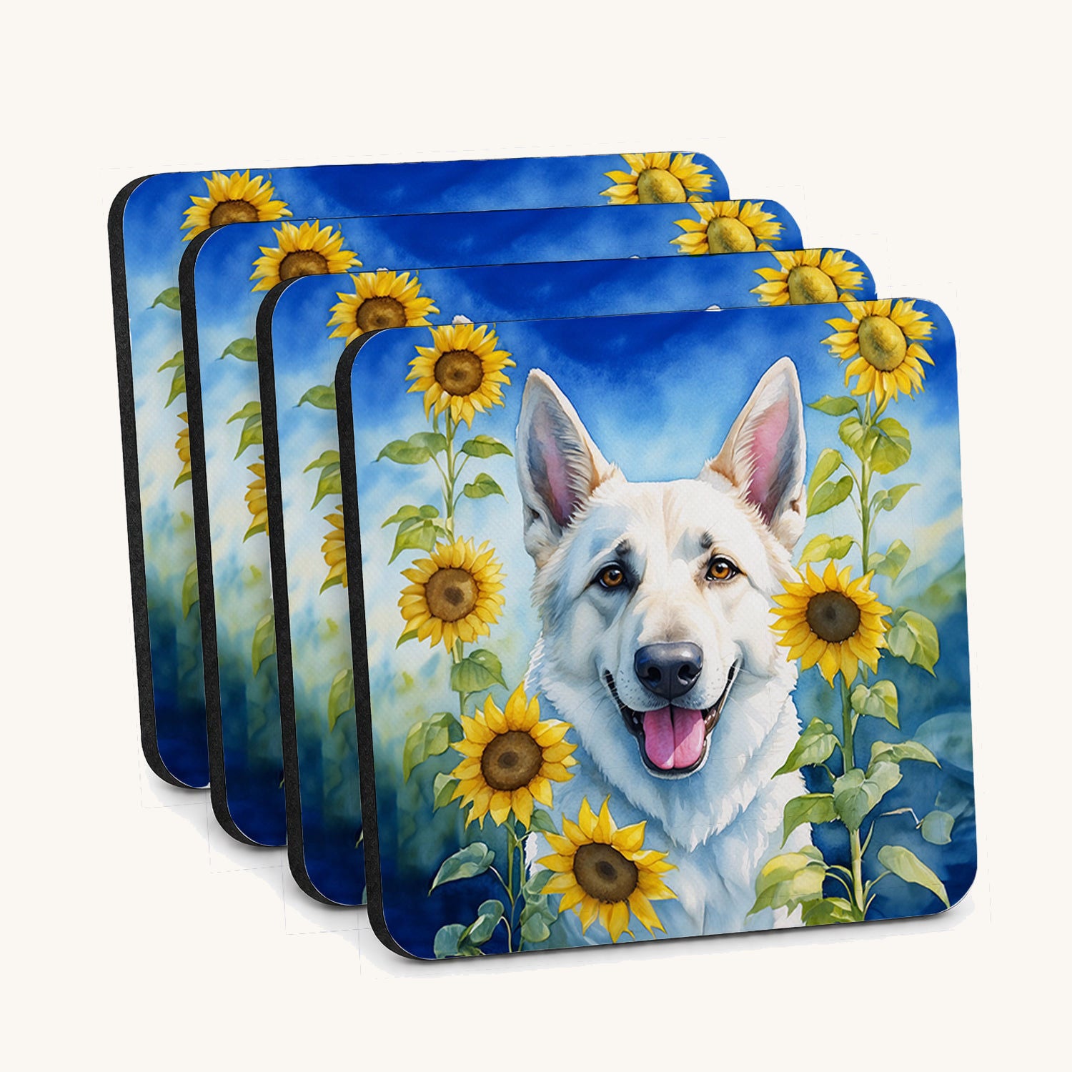 Hand-illustrated White German Shepherd in Sunflowers Coasters
