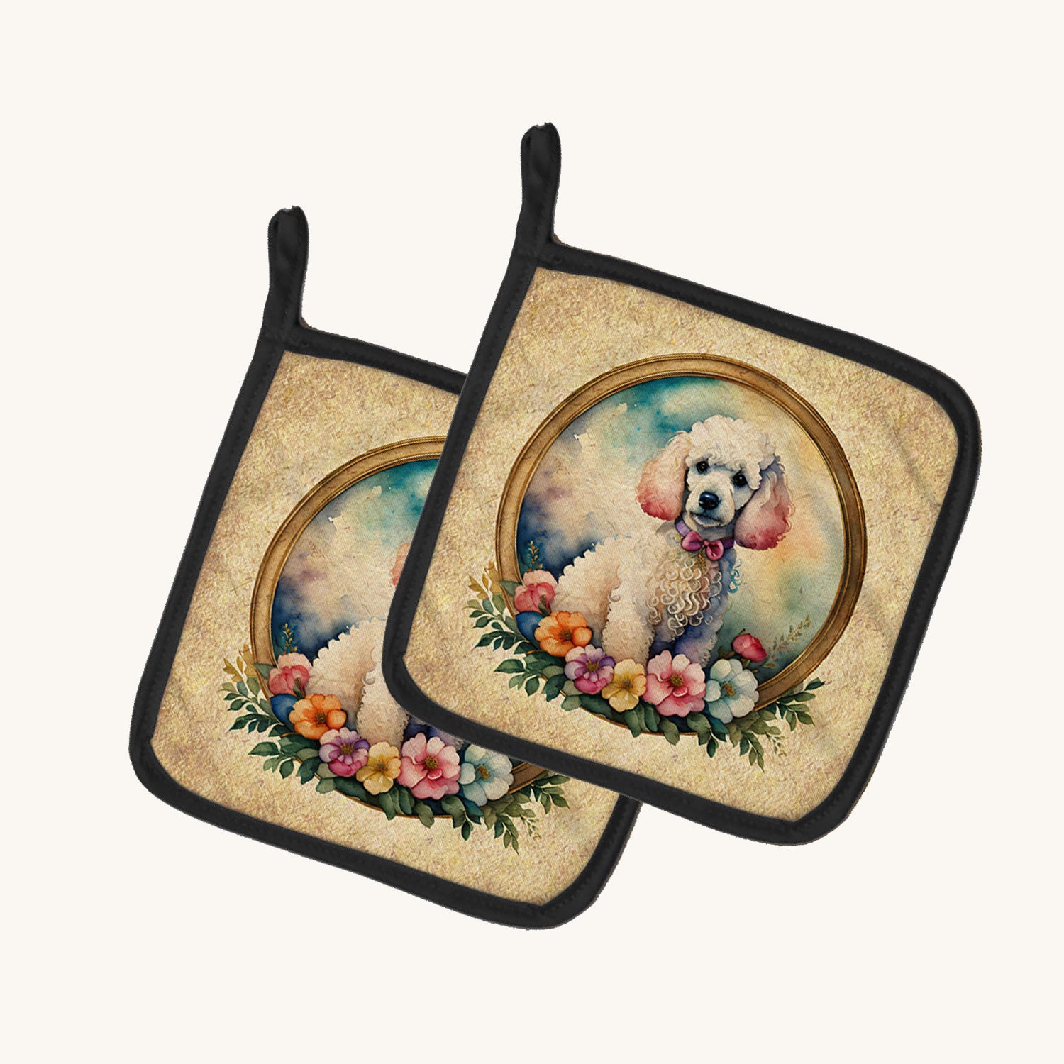 Hand-illustrated White Poodle and Flowers Pot Holders