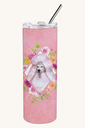 Hand-illustrated White Poodle Pink Flowers Skinny Tumbler