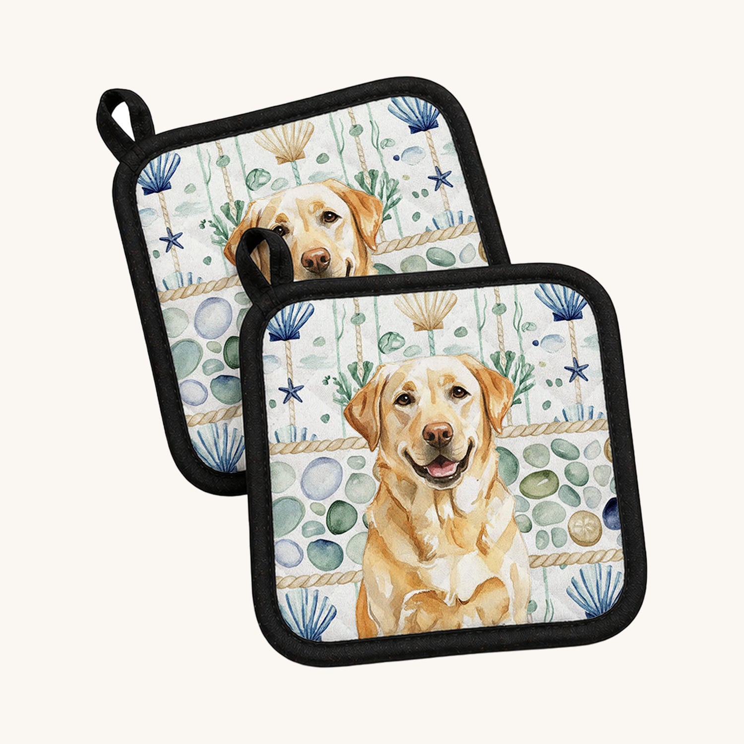 Hand-illustrated Yellow Labrador Coastal Sea Glass Pot Holders