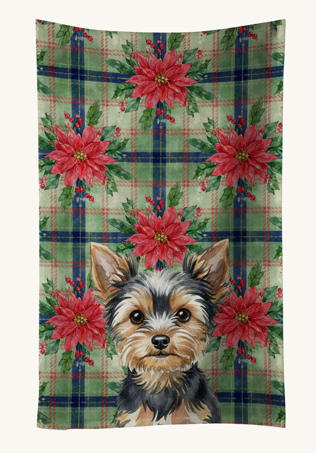 Hand-illustrated Yorkie Christmas Poinsettia Kitchen Towel
