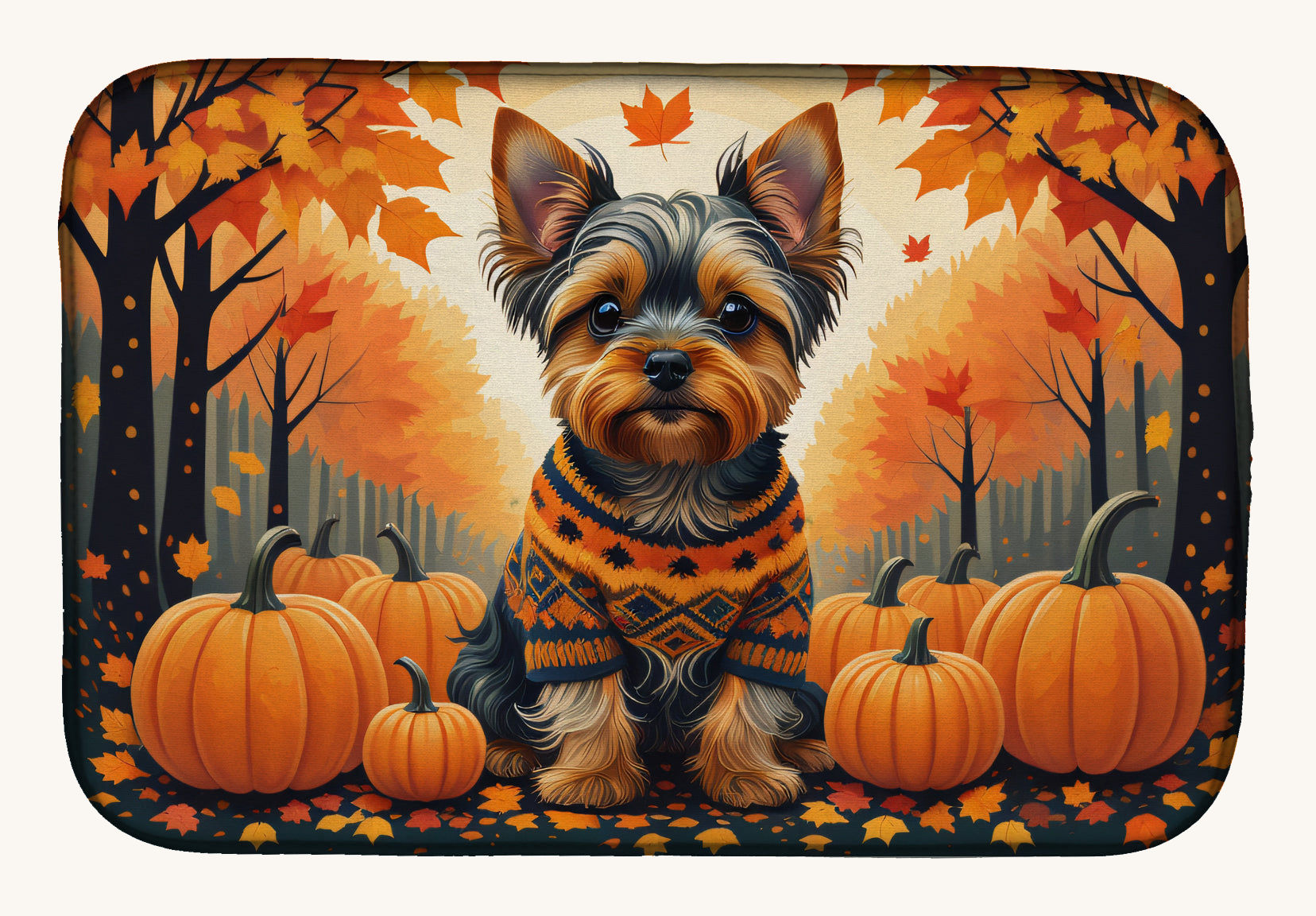 Hand-illustrated Yorkie Fall Leaves Dish Drying Mat