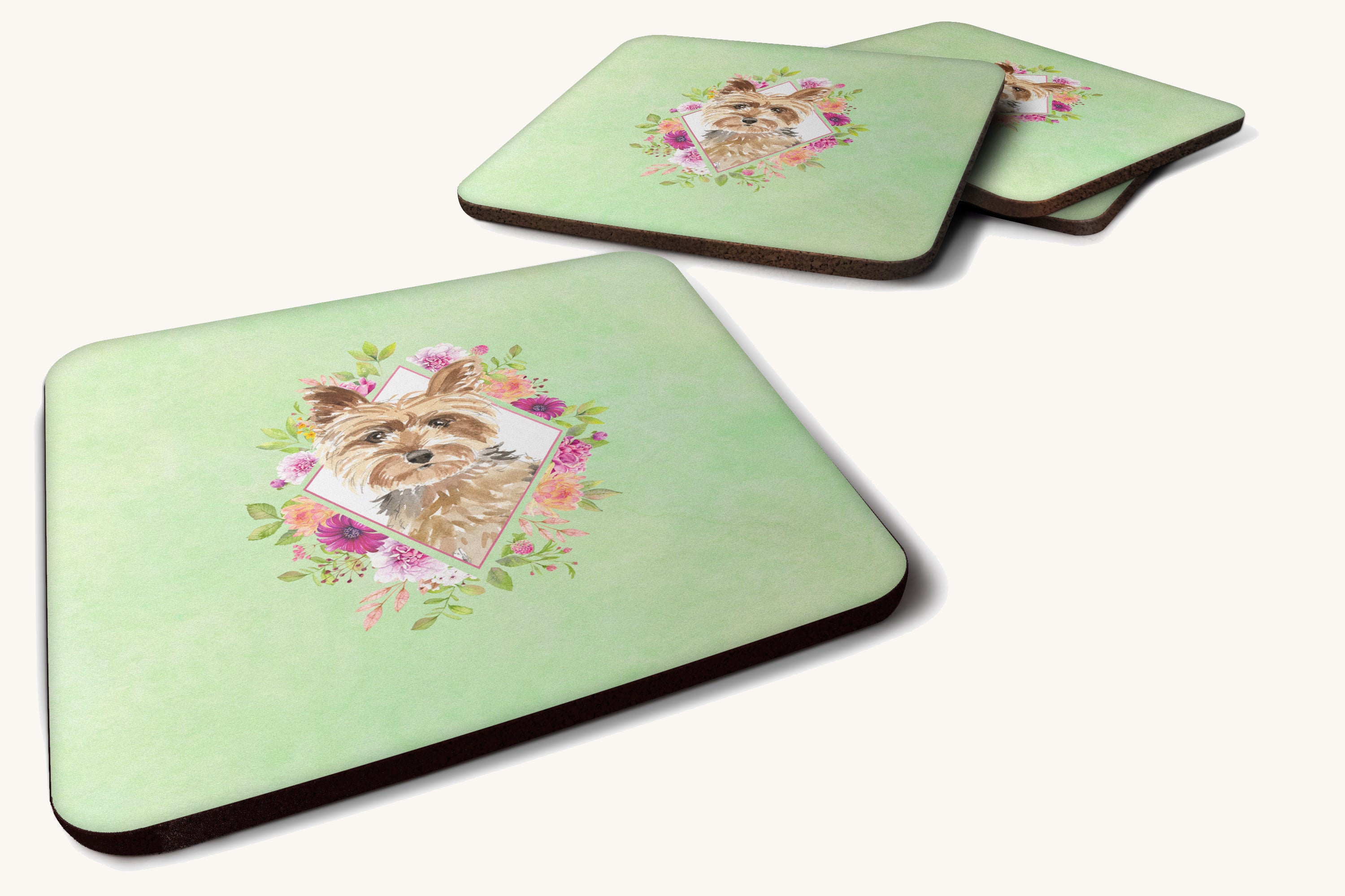 Hand-illustrated Yorkie Green Flowers Coaster Set