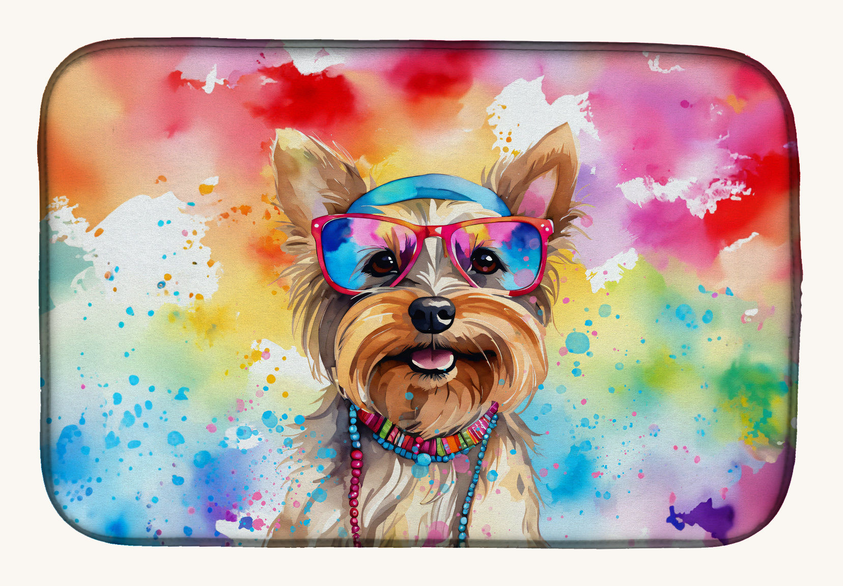 Hand-illustrated Yorkie Hippie Dawg Dish Drying Mat