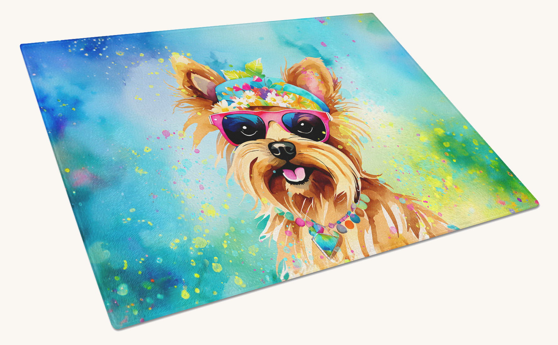 Hand-illustrated Yorkie Hippie Dawg Glass Cutting Board