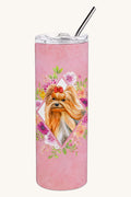 Hand-illustrated Yorkie Pink Flowers Skinny Tumbler