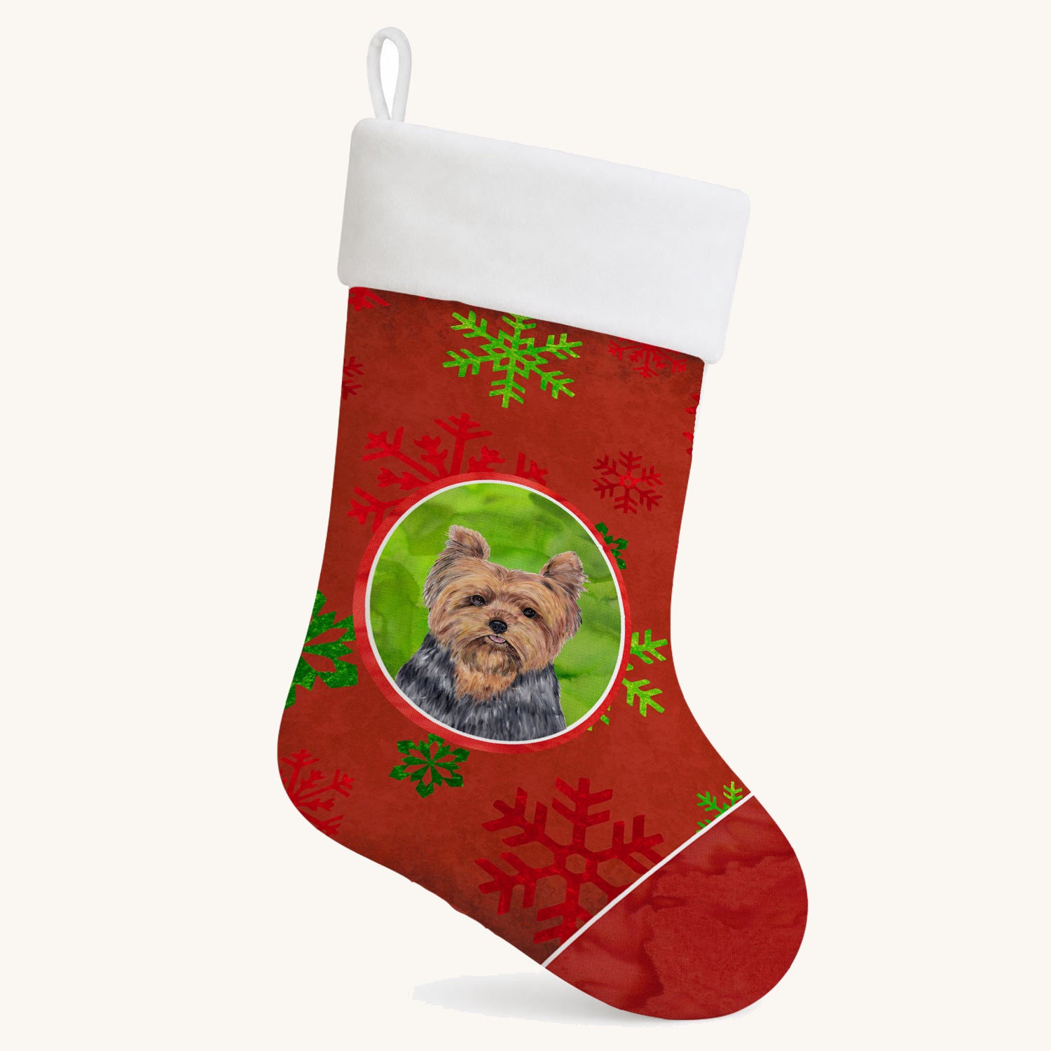 Hand-illustrated Yorkie Red And Green Snowflakes Christmas Stocking