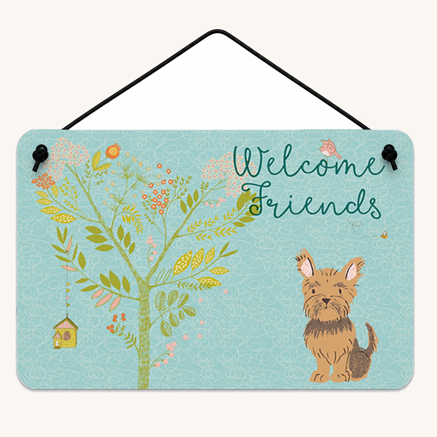 Hand-illustrated Yorkie Welcome Friends Metal Sign