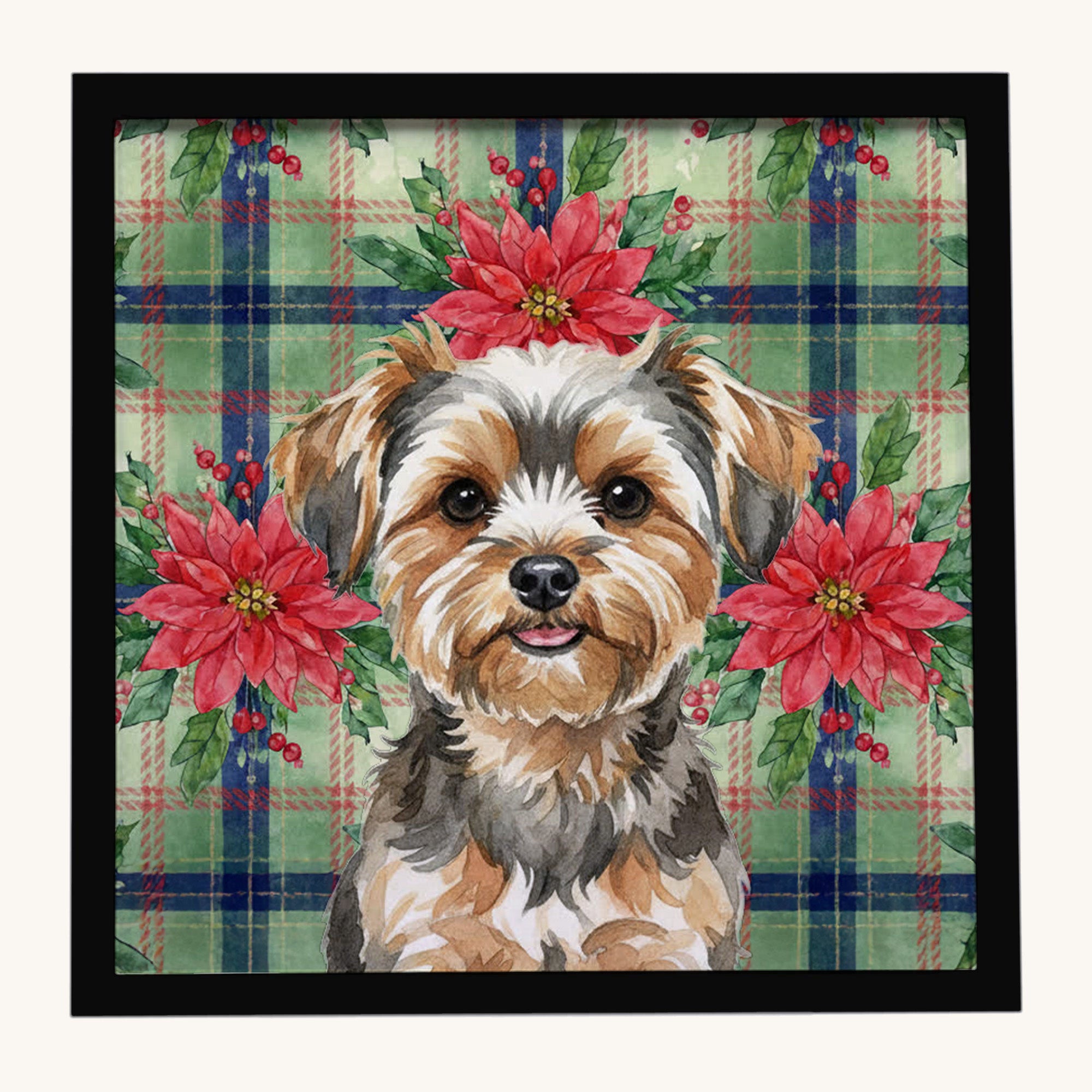 Hand-illustrated Yorkiepoo Christmas Poinsettia Framed Metal Print