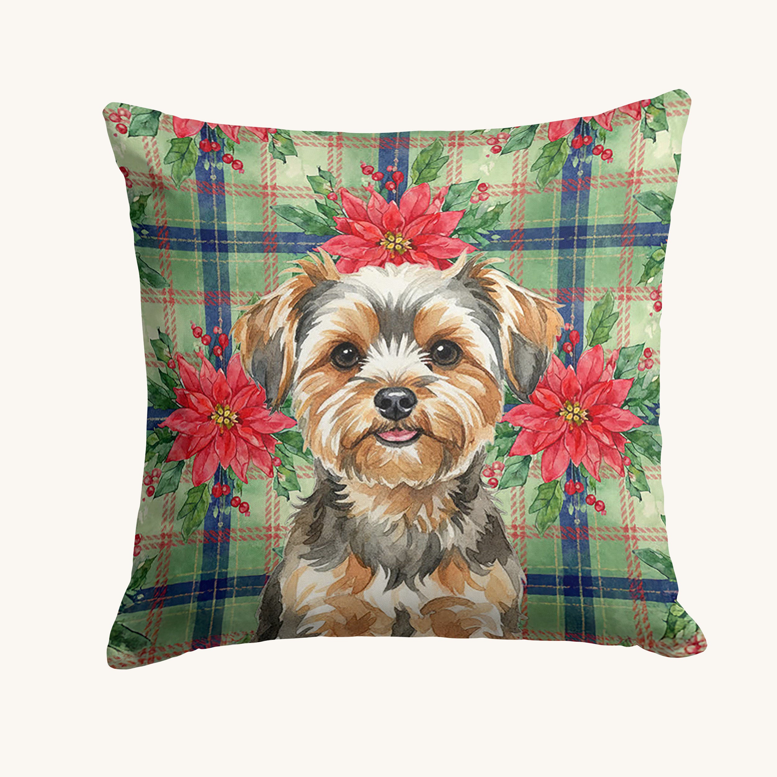 Hand-illustrated Yorkiepoo Poinsettia Christmas Throw Pillow